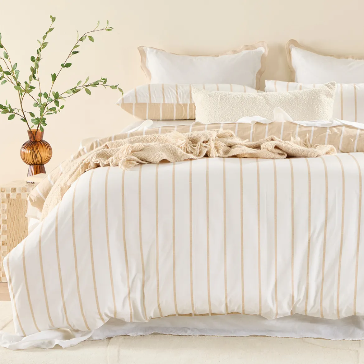 Adria Reversible Natural Stripe Quilt Cover Set