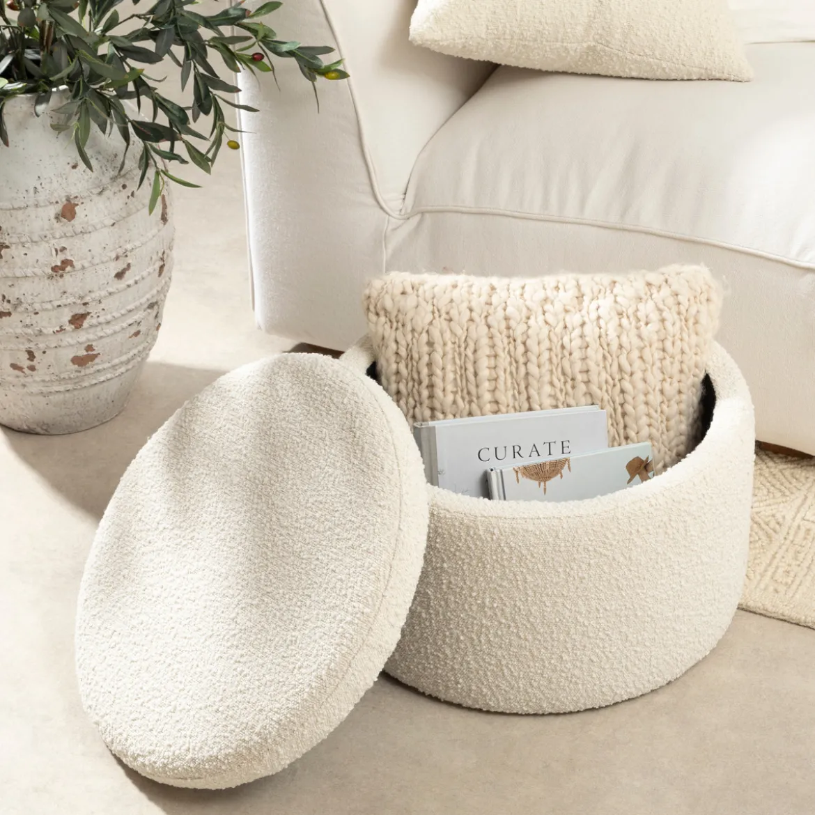 Avalon Boucle White Storage Ottoman