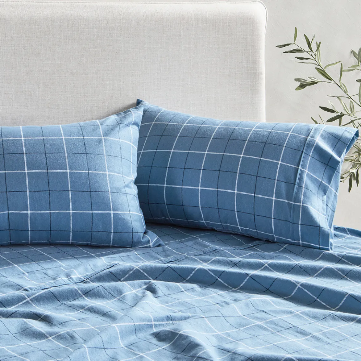 Blue Check Cotton Flannelette Sheet Set