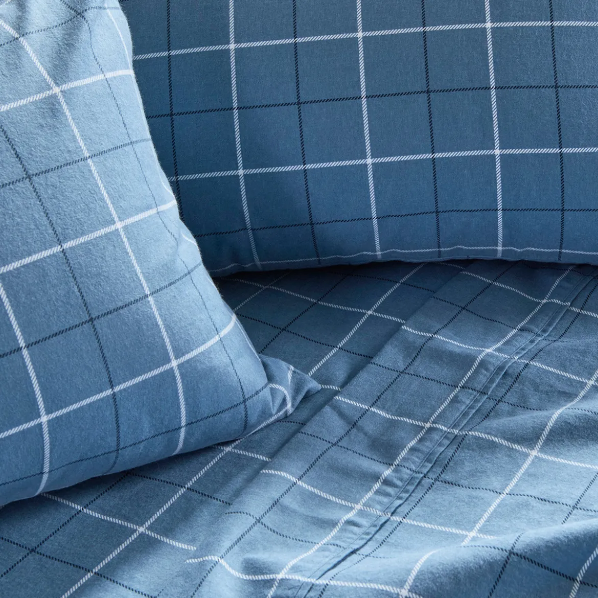 Blue Check Cotton Flannelette Sheet Set