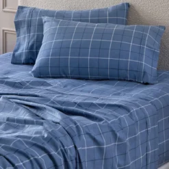Blue Check Cotton Flannelette Sheet Set