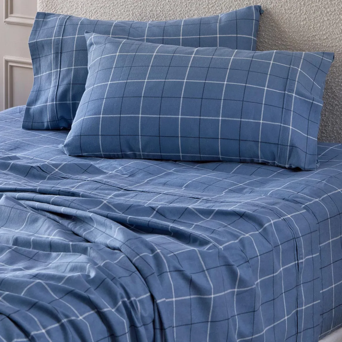 Blue Check Cotton Flannelette Sheet Set