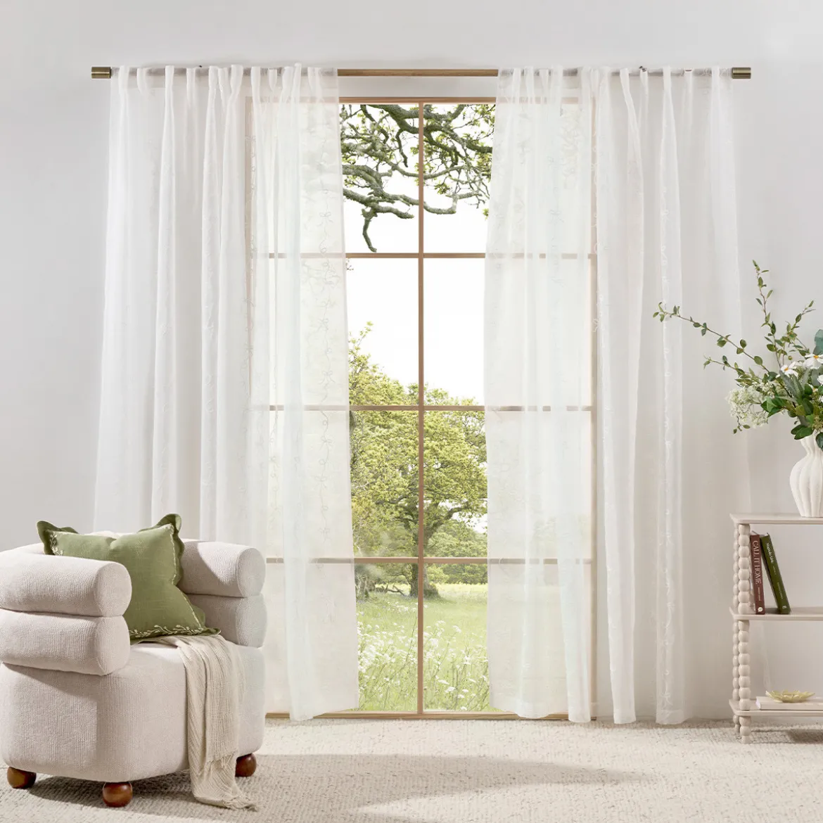 Ellie Bow Embroidered Sheer Curtain Set of 2