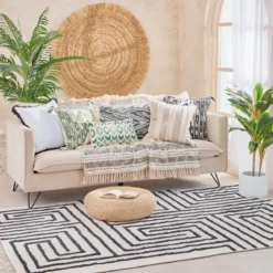 Farrah Black Geometric Tufted Cotton Floor Rug