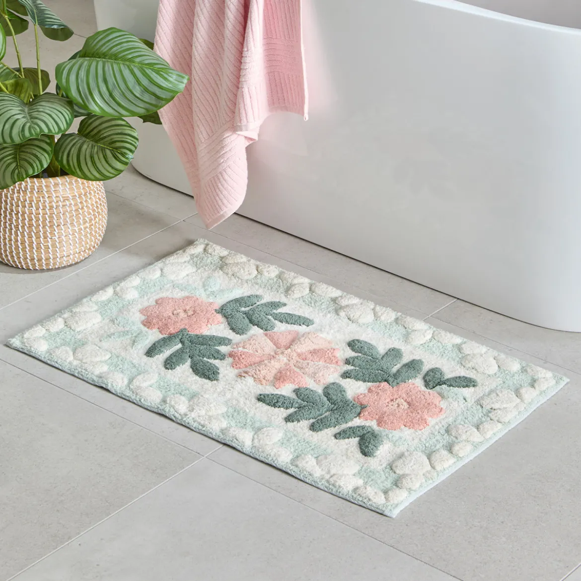 Floral Bloom Sage Green Rectangle Bath Mat