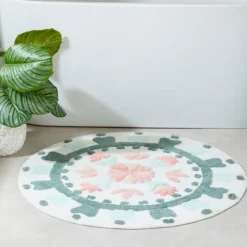 Floral Bloom Sage Green Round Bath Mat