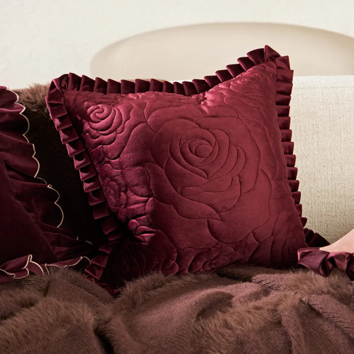 Lyra Embroidered Velvet Cushion with Frill