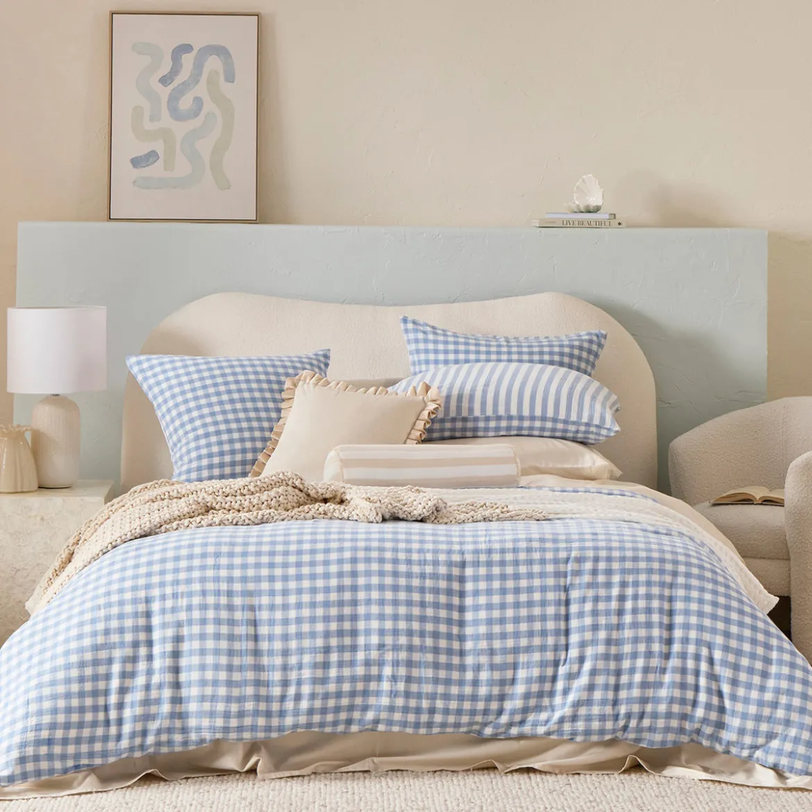 Maisie Reversible Light Blue Check Quilt Cover Set