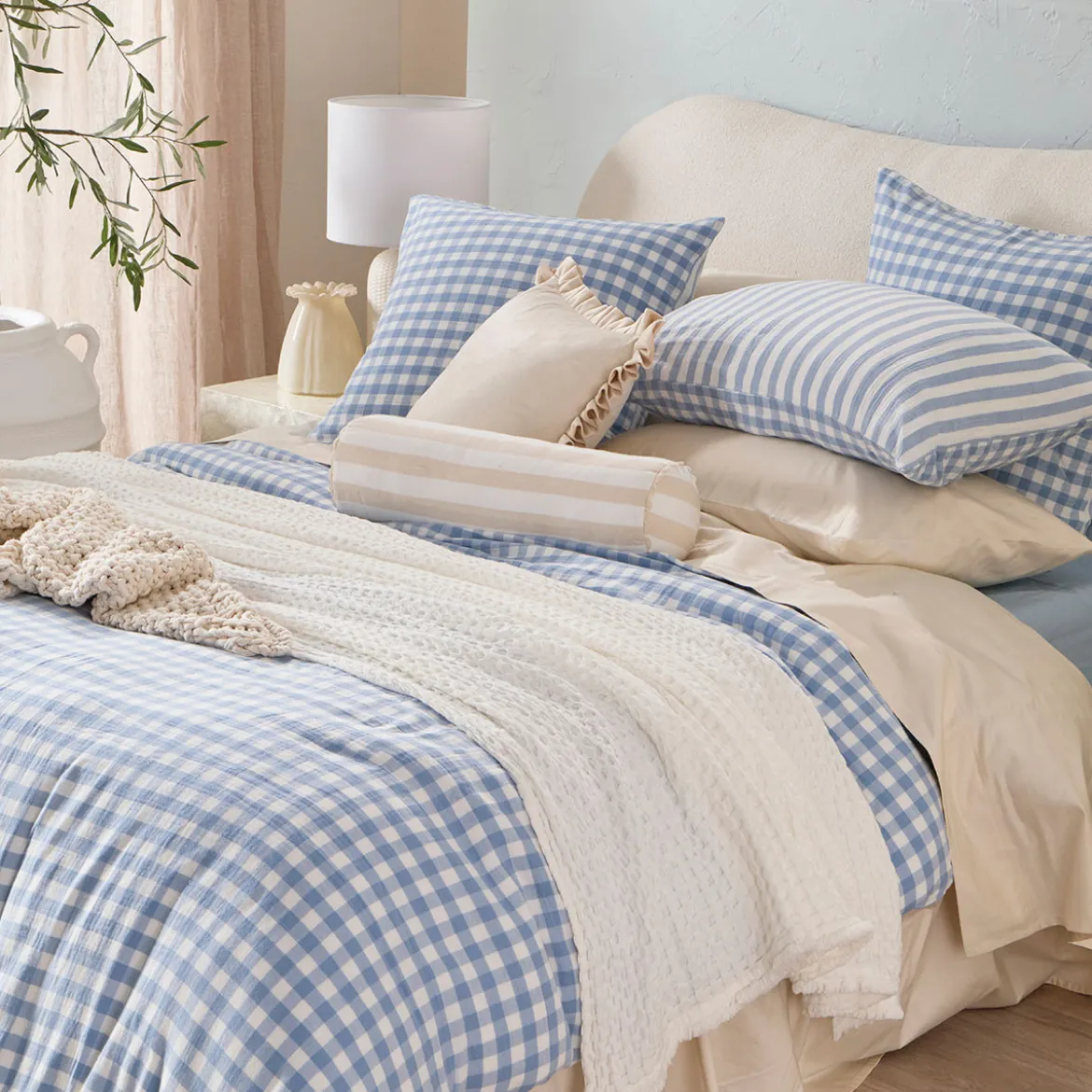 Maisie Reversible Light Blue Check Quilt Cover Set