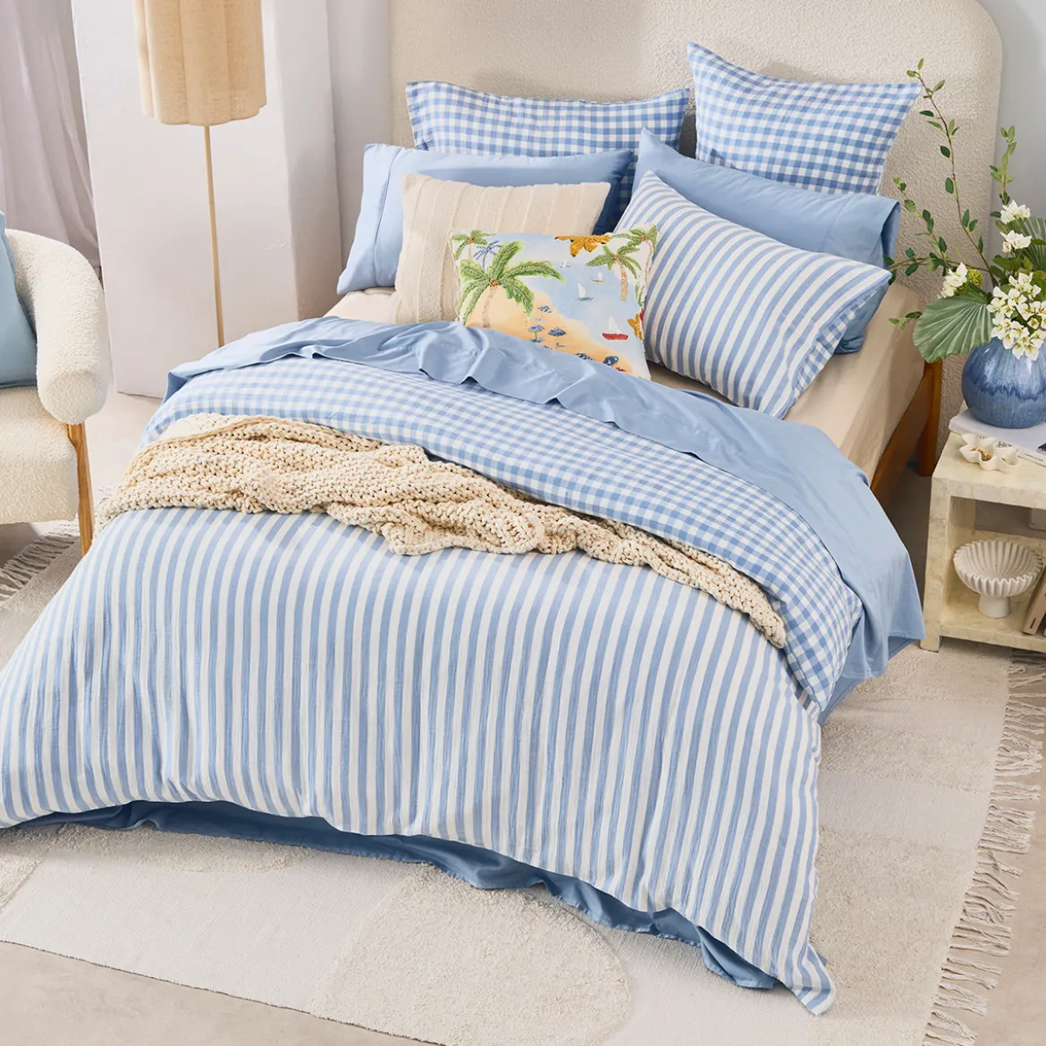 Maisie Reversible Light Blue Check Quilt Cover Set