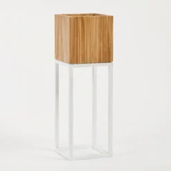 Manly Wooden Decorative Pot on White Metal Stand