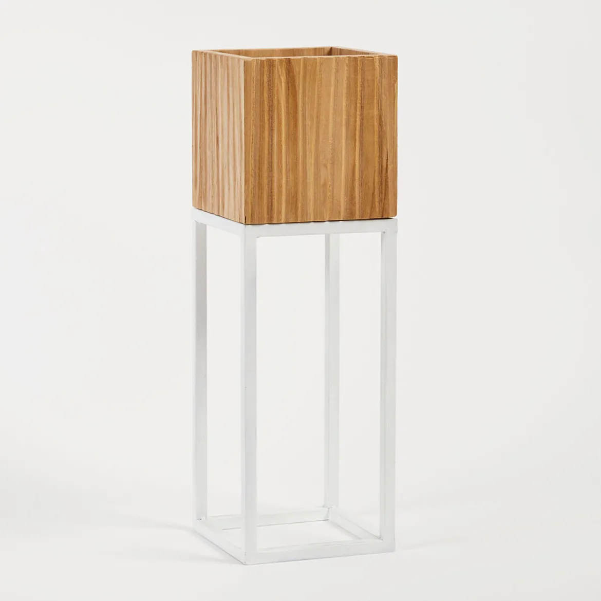Manly Wooden Decorative Pot on White Metal Stand