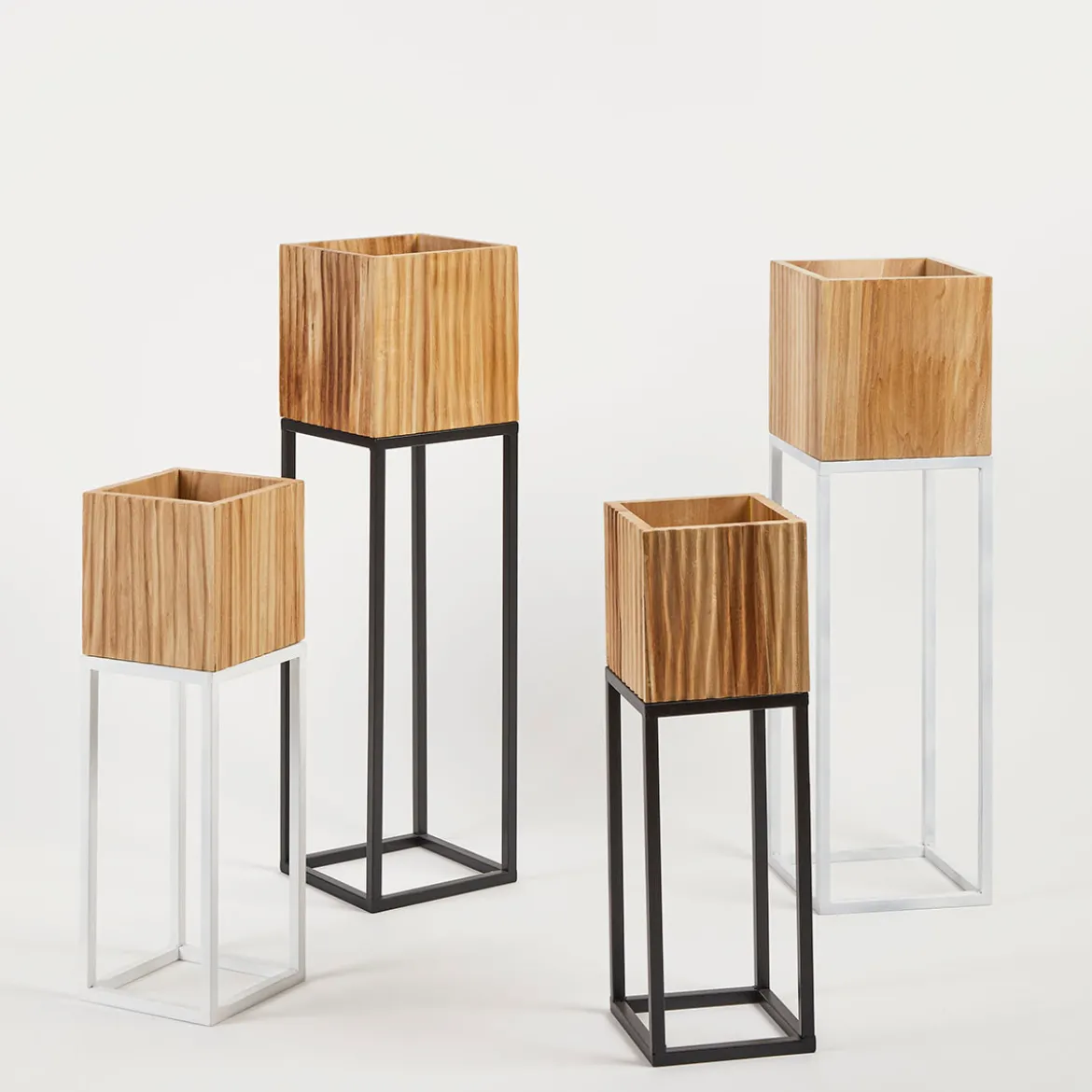 Manly Wooden Decorative Pot on White Metal Stand