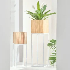 Manly Wooden Decorative Pot on White Metal Stand