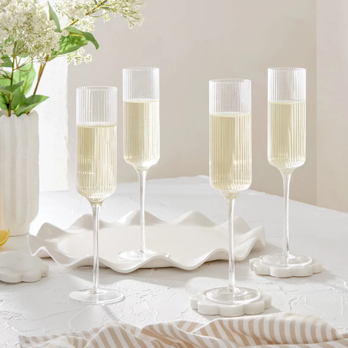 Mila Ribbed Champagne Crystal Glass Flute Set of 4