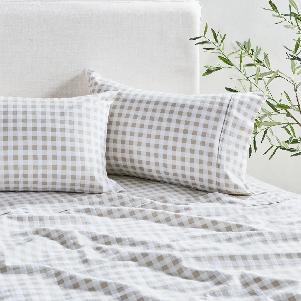 Natural Gingham Cotton Flannelette Sheet Set