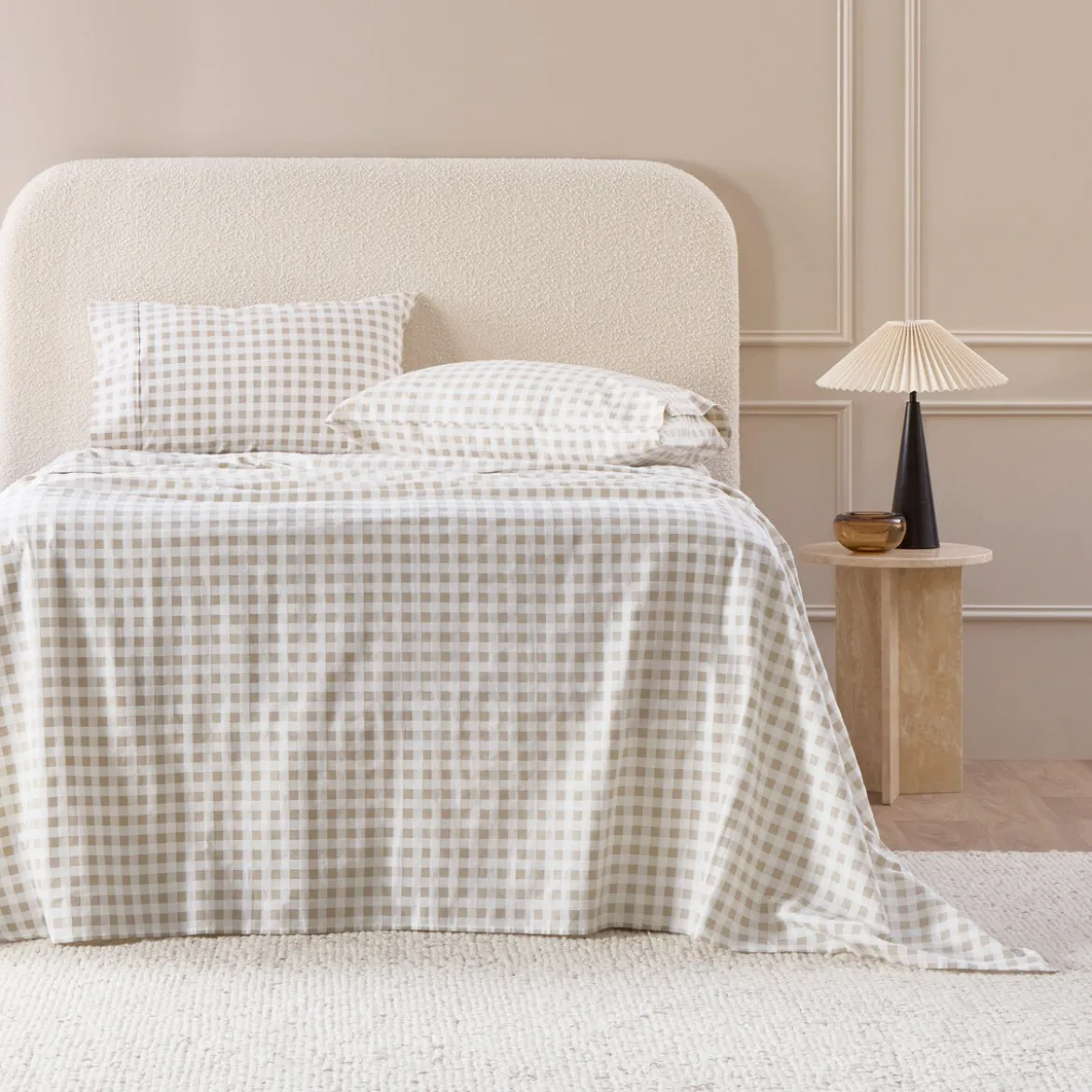 Natural Gingham Cotton Flannelette Sheet Set