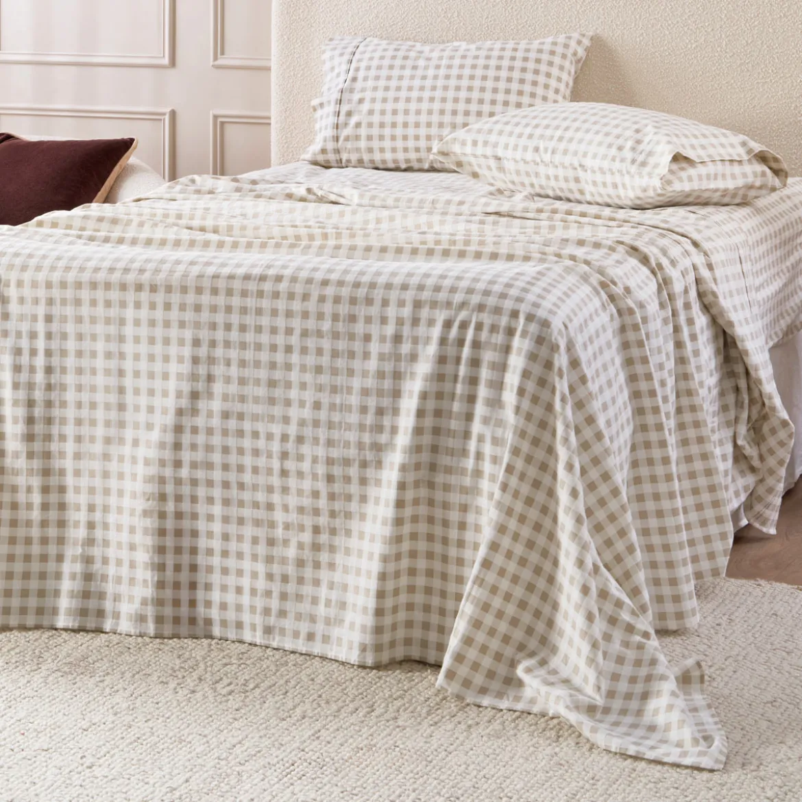 Natural Gingham Cotton Flannelette Sheet Set