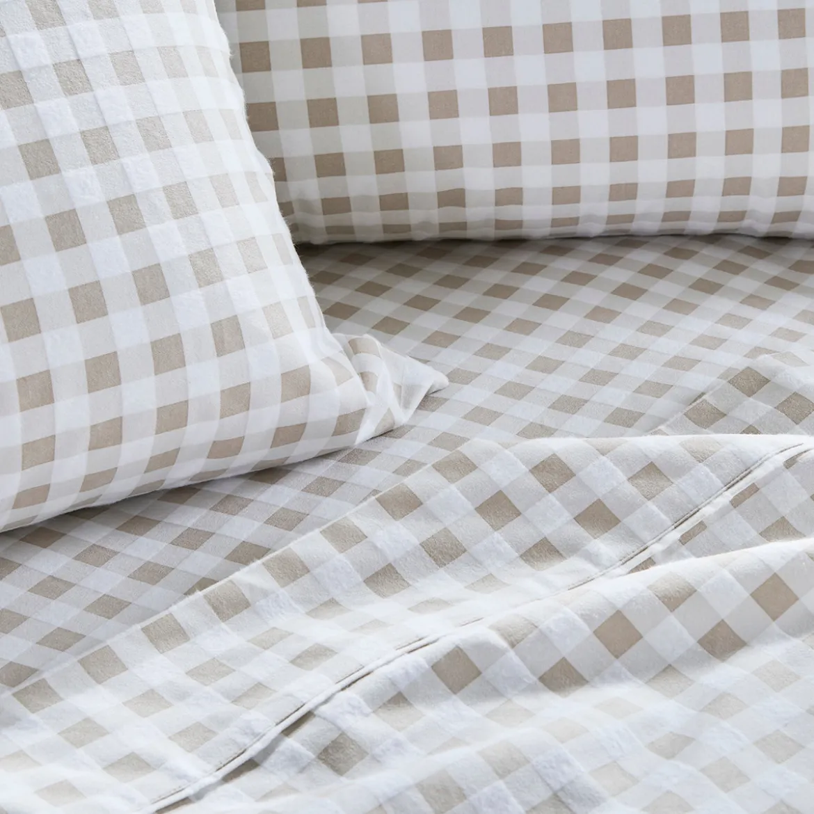 Natural Gingham Cotton Flannelette Sheet Set
