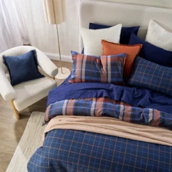 Navy Check Reversible Flannelette Quilt Cover Set