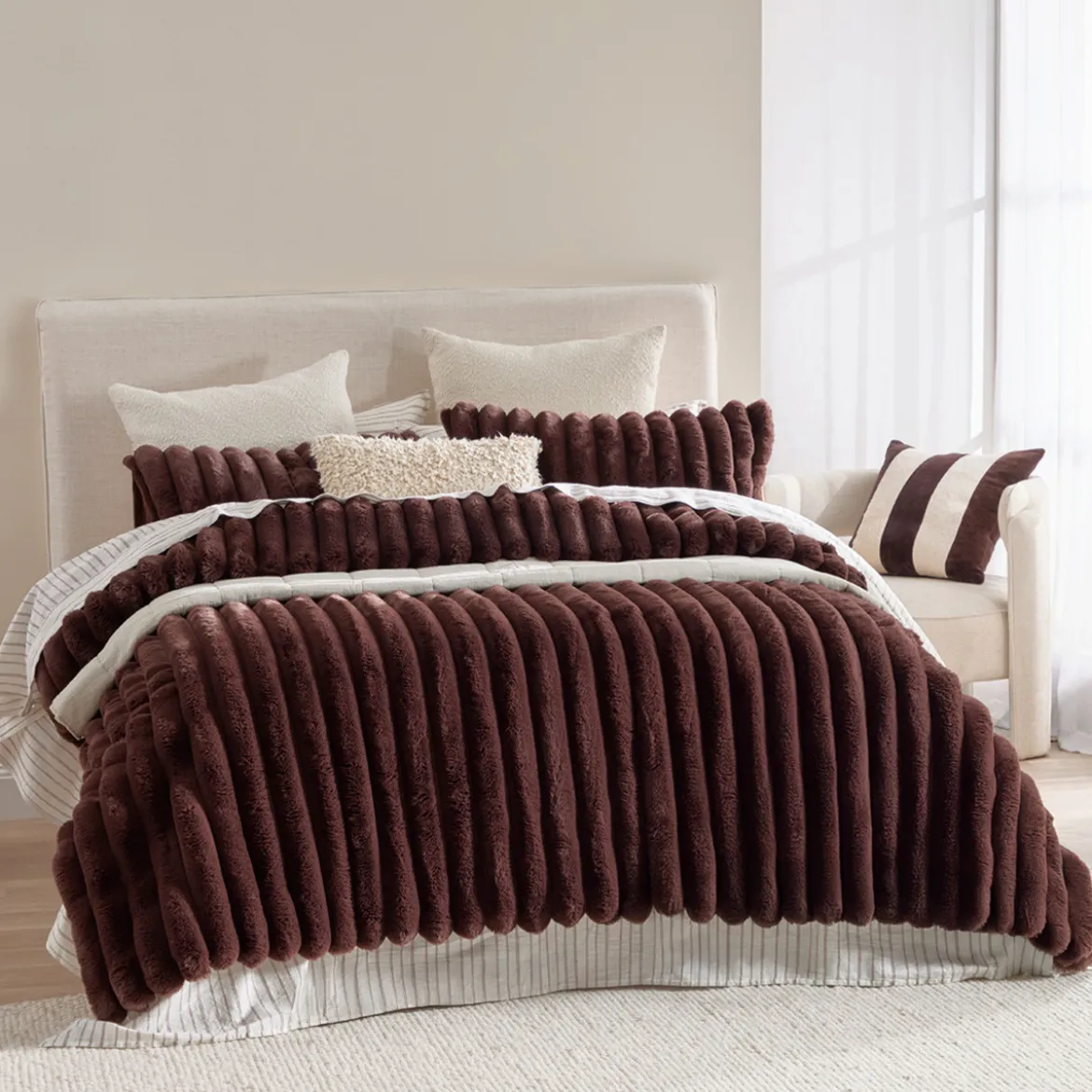 Oslo Chocolate Brown Faux Fur Ribbed Comforter Set