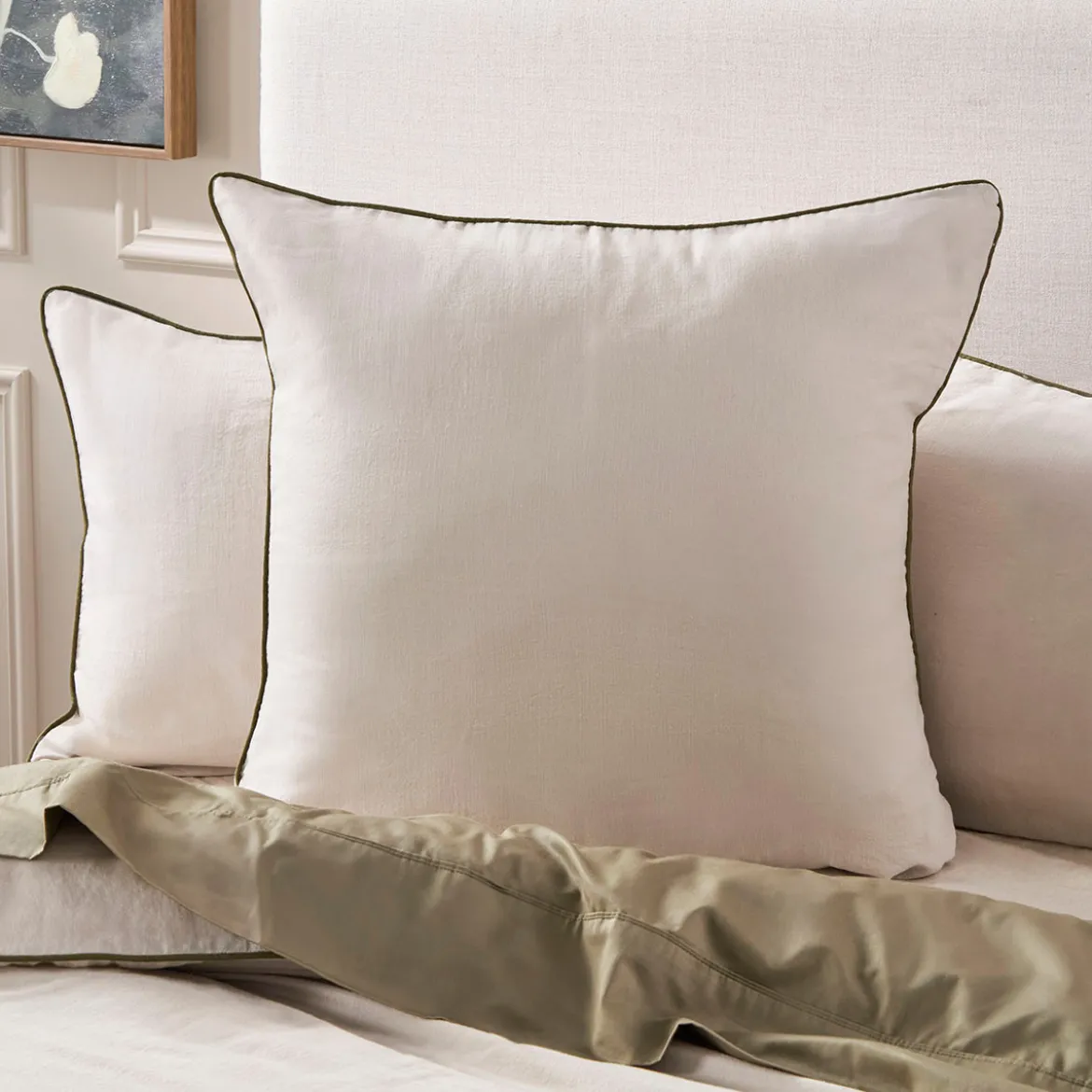 Piped Washed Linen Look Stone European Pillowcase