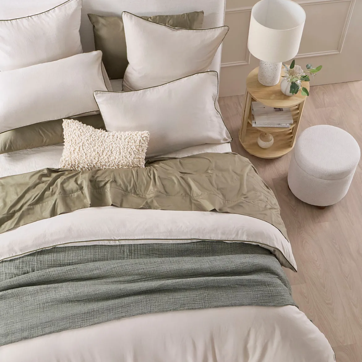 Piped Washed Linen Look Stone European Pillowcase