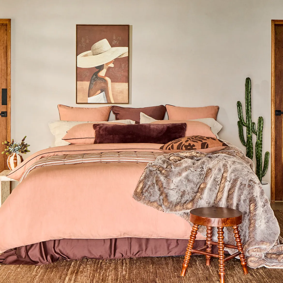 Piped Washed Linen Look Tan Quilt Cover Set