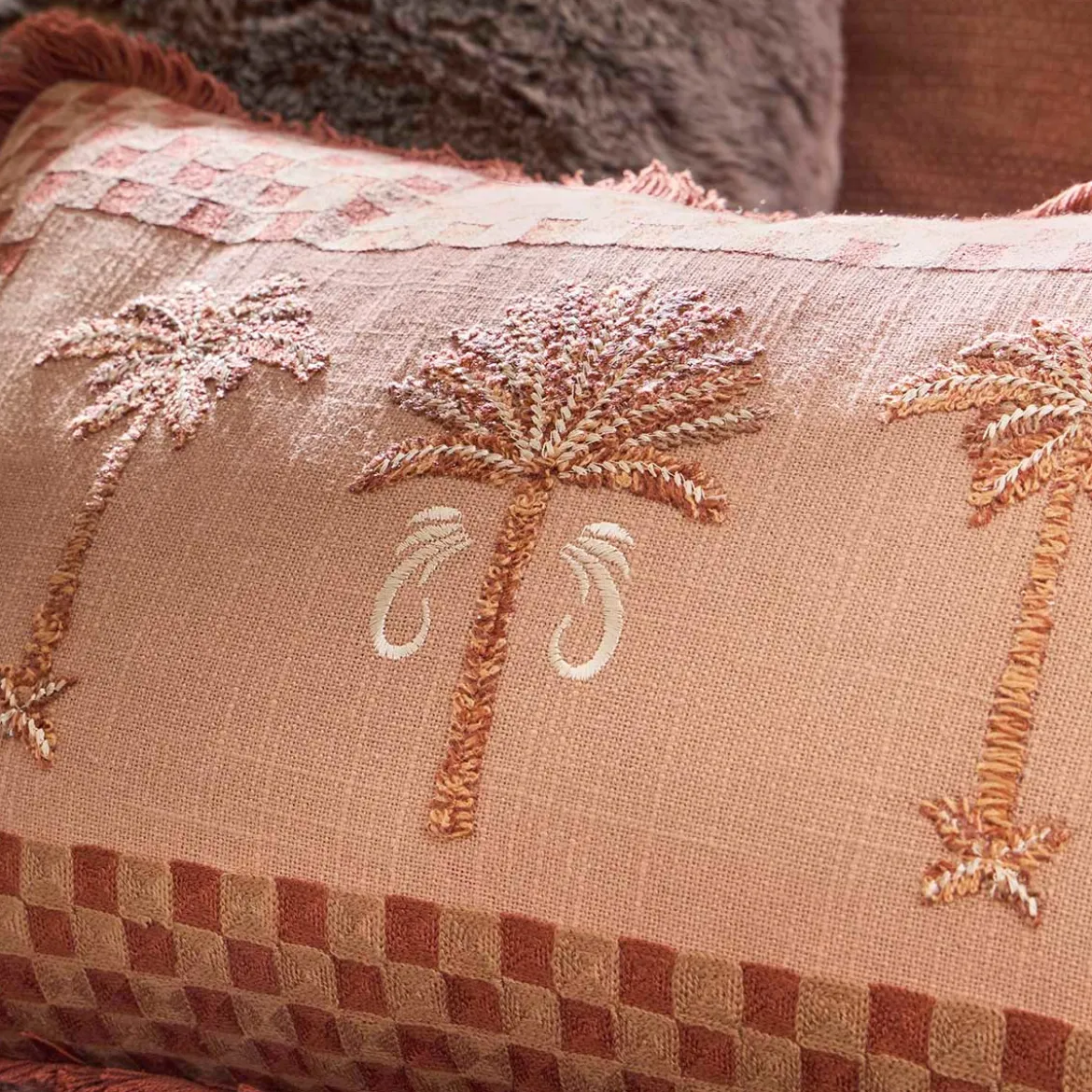 Sedona Palm Embroidered Check Cushion