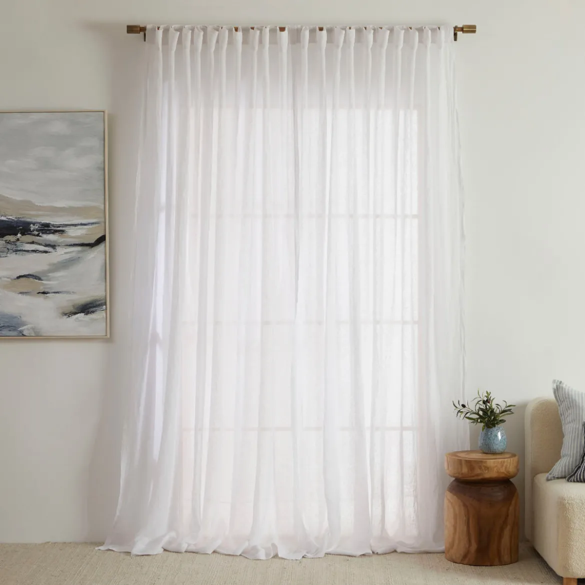 Washed Linen White Sheer Curtain Pair 180 x 250cm