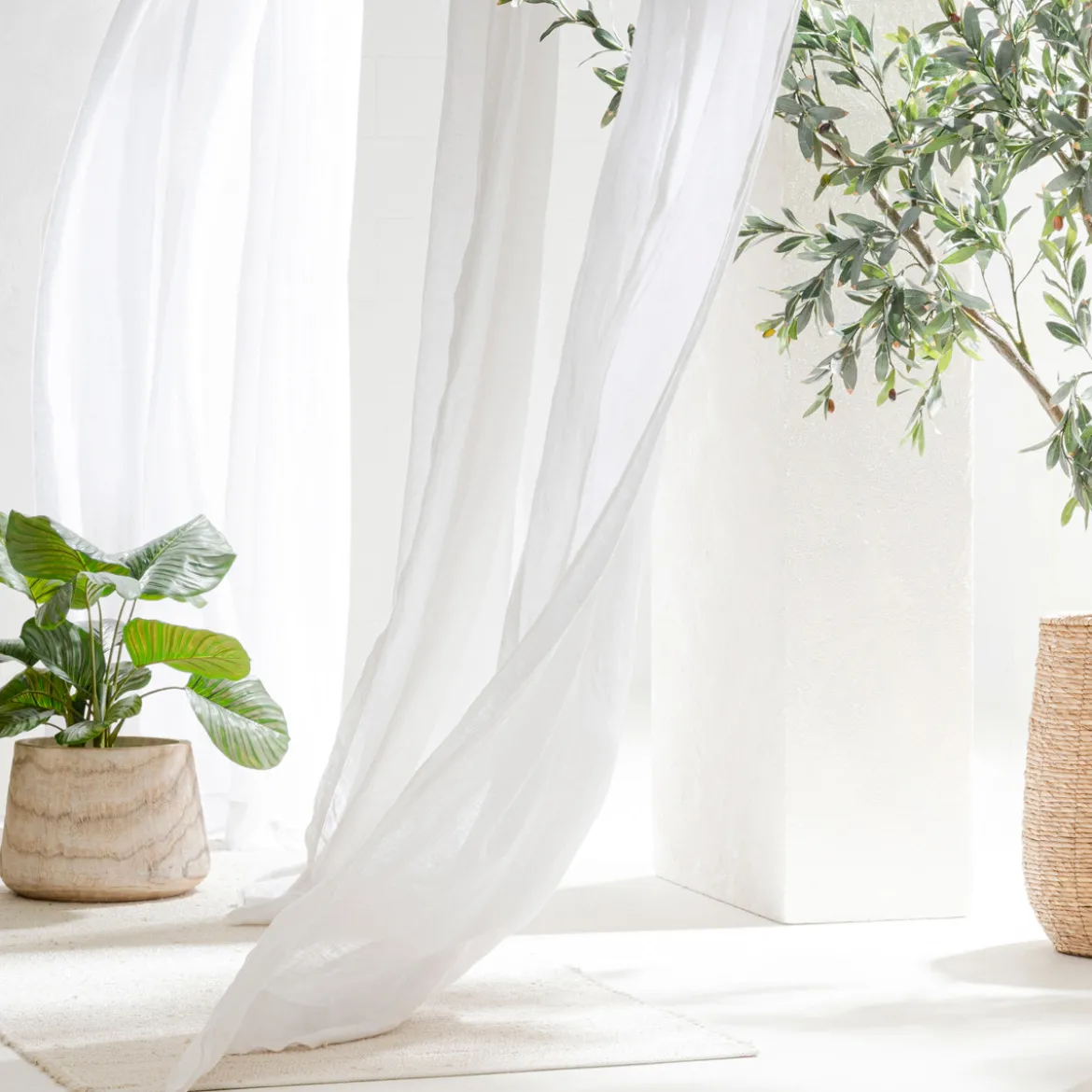Washed Linen White Sheer Curtain Pair 180 x 250cm
