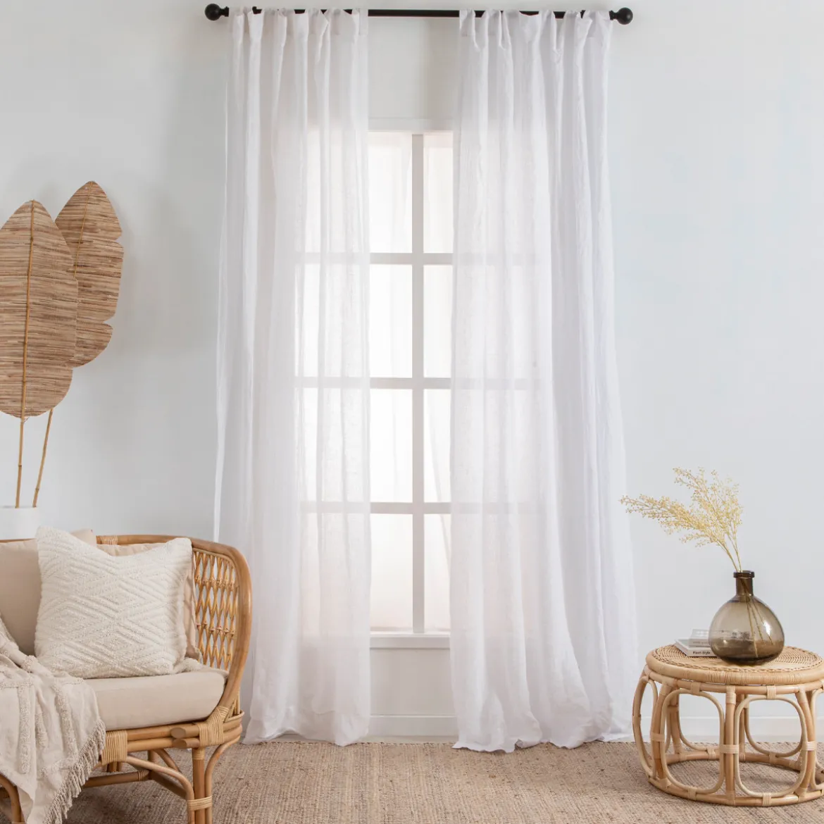 Washed Linen White Sheer Curtain Pair 180 x 250cm