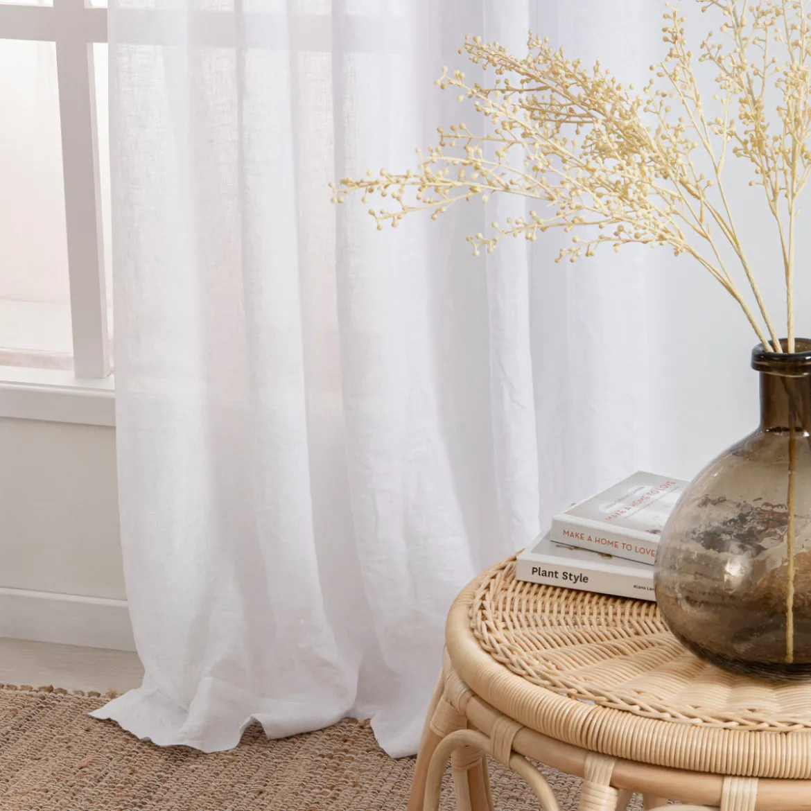 Washed Linen White Sheer Curtain Pair 180 x 250cm