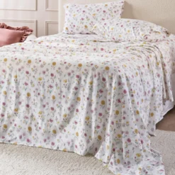 White Floral Cotton Flannelette Sheet Set
