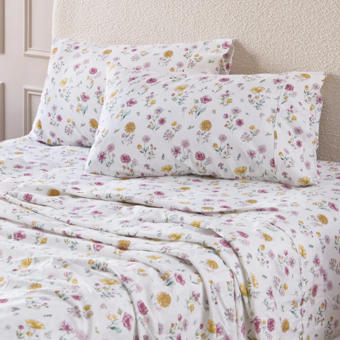 White Floral Cotton Flannelette Sheet Set